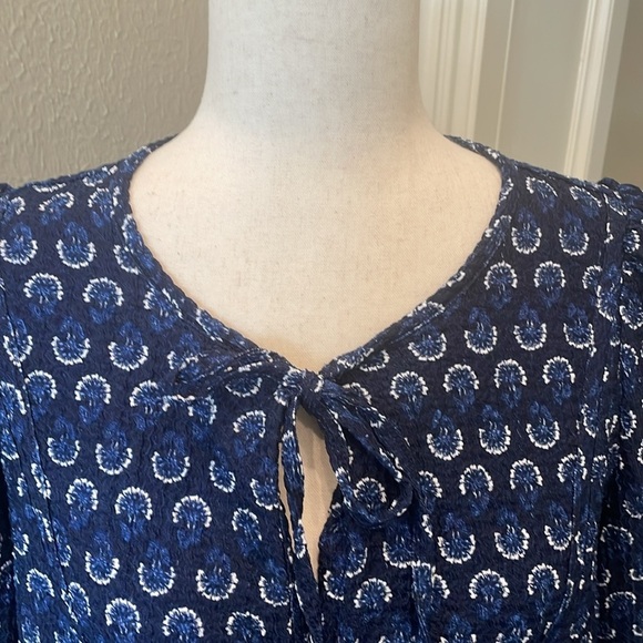 Loft Floral Puff Sleeve Tie Neck Top Nvy/White M - Picture 6 of 8